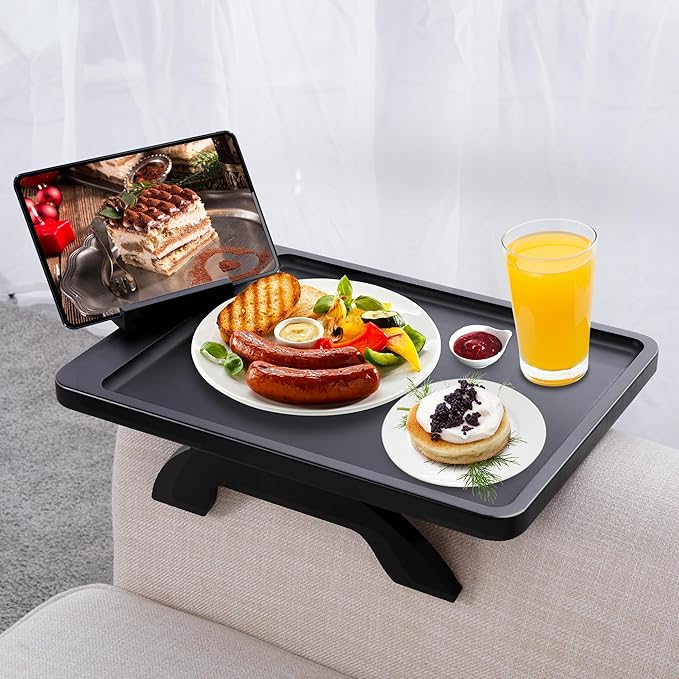SINWANT Large Couch Armrest Table, 15.75"x 11.8" Bamboo Couch Arm Table with 360° Rotating Phone Holder,Foldable Anti-Slip Sofa Arm Tray for Snacks,Drinks,Remotes on Wide Armrest