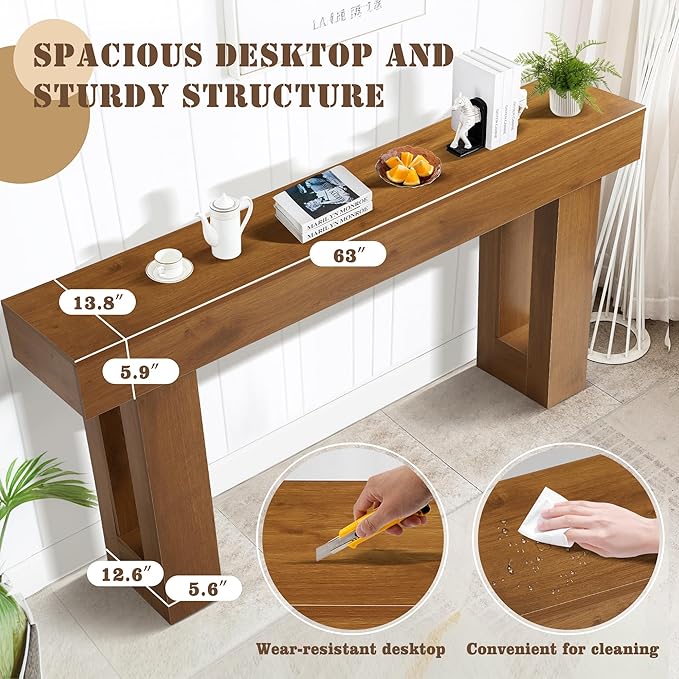 Grepatio 63 Inch Entryway Console Table, Rustic Narrow Sofa Table, Wood Long Console Table, Farmhouse Entry Way Table, Behind Couch Tables for Entrance, Hallway, Living Room (Brown)