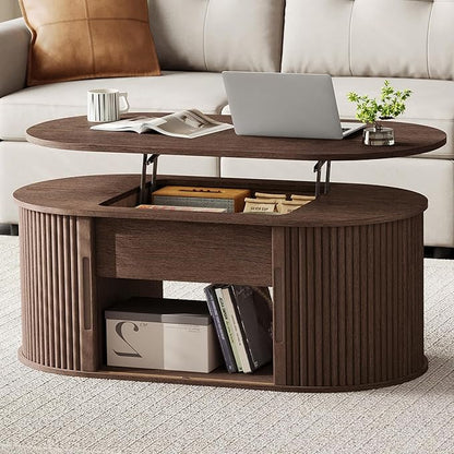LINSY Lift Top Coffee Table, Oval Fluted Coffee Table with Storage, Mid Century Modern Wooden Coffee Tables with Sliding Tambour Door, 39" Center Table for Living Room, Office, Small Space, Walnut