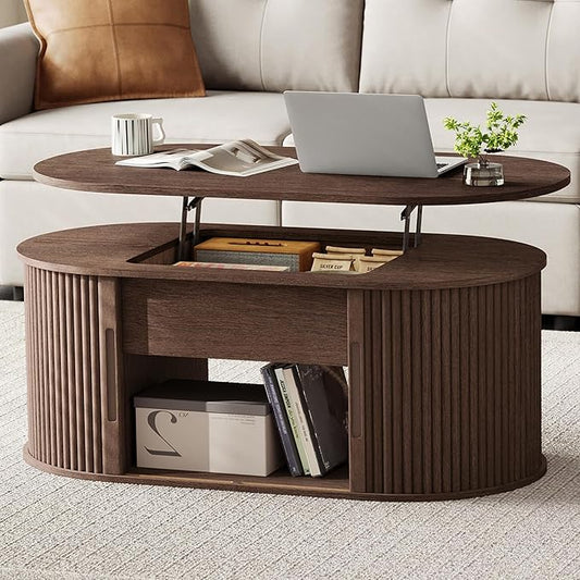 LINSY Lift Top Coffee Table, Oval Fluted Coffee Table with Storage, Mid Century Modern Wooden Coffee Tables with Sliding Tambour Door, 39" Center Table for Living Room, Office, Small Space, Walnut