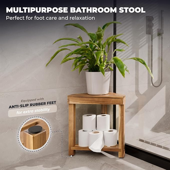 BLUEWEST 16.4" Corner Shower Stool with Storage Shelf, Acacia Wood Shower Foot Rest for Shaving Legs, Small Water-Resistant Bathroom Bench for Inside Shower, Wooden Bath Seat for Small Shower Spaces