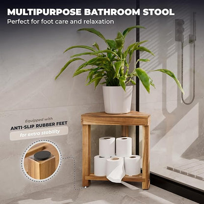 BLUEWEST 16.4" Corner Shower Stool with Storage Shelf, Acacia Wood Shower Foot Rest for Shaving Legs, Small Water-Resistant Bathroom Bench for Inside Shower, Wooden Bath Seat for Small Shower Spaces