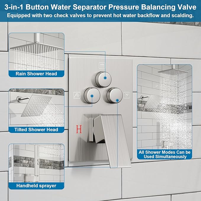 Shower Faucet Set Brushed Nickel Shower System, Ceiling Mount 12 Inch Shower Head With Wall Mount 6 Inch Shower Head and 2 in 1 Handheld Spray, Push Button Diverter Shower Valve Trim Kit