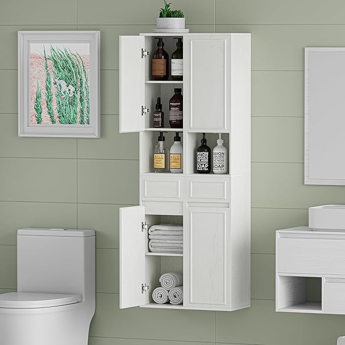 Tall Bathroom Storage Cabinet, Wall Mounted or Floor Mounted,Narrow Slim Wall Cabinet with 2 Door, 1 Drawer, Open Shelf for Living Room, 11.81" D x 11.81" W x 65" H (Line White, 2 PCS)