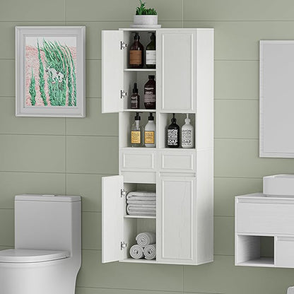 Tall Bathroom Storage Cabinet, Wall Mounted or Floor Mounted,Narrow Slim Wall Cabinet with 2 Door, 1 Drawer, Open Shelf for Living Room, 11.81" D x 11.81" W x 65" H (Line White, 2 PCS)