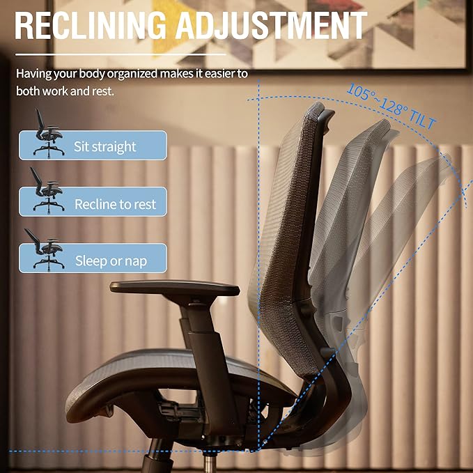 ELABEST T96 Mesh Office Chair,Ergonomic Computer Desk Chair,Sturdy Task Chair- Adjustable Lumbar Support & Armrests,Tilt Function,Comfort Wide Seat,Swivel Home Office Chair