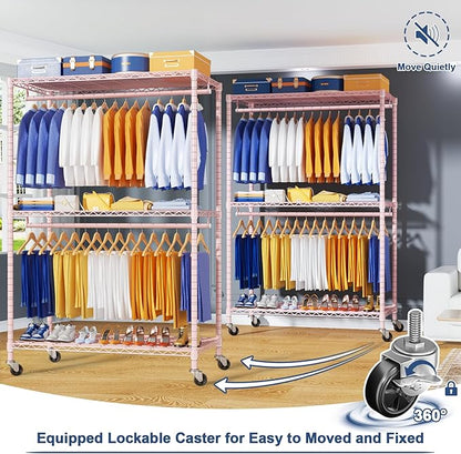P8 Heavy Duty Clothes Rack（With Extended Width Design） Rolling Clothing Racks for Hanging Clothes，Portable Garment Rack with Lockable Wheels，51.2" W x 15.8" D x 80.5" H，Max Load 700LBS，Pink