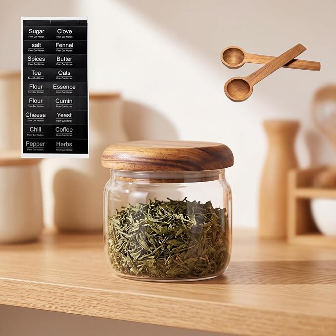 2-Pack 10 fl oz Wide Mouth Mason Jars with Spoon & Labels, Acacia Wood Lids & Press Seal, No Plastic, for Pantry, Coffee, Yogurt, Candy, Spice Storage.