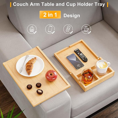 Bestjing Bamboo Couch Cup Holder Tray - 2 in 1 Couch Armrest Table with Be Slide-Away Detachable Double Holder - Sofa Armchair Caddy for Drinking Snacks iPad TV Remote