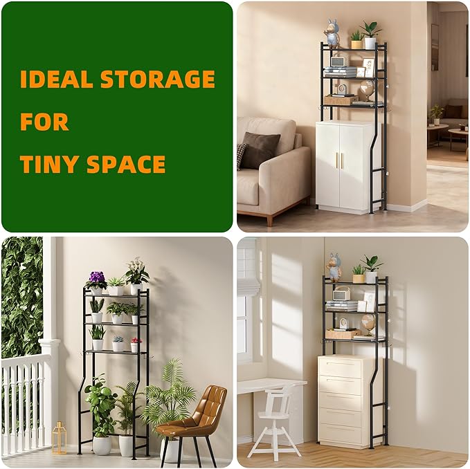 3-Tier Over The Toilet Storage, Space Saver Metal Bathroom Shelves, Freestanding Above Over Toilet Storage Shelf with 4 Hooks for Bathroom, Black