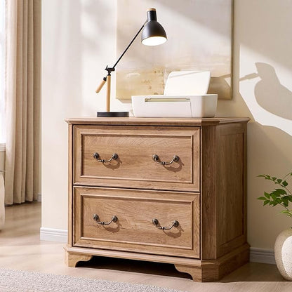 T4TREAM 34" Lateral File Cabinet Set of 2 w/2 Drawers, Farmhouse Filing Cabinet w/34 Wide Wooden Tabletop & Smooth Rails, Holds Letter/Legal, Hexagonal Design & Framed Drawer Fronts, Light Knotty Oak