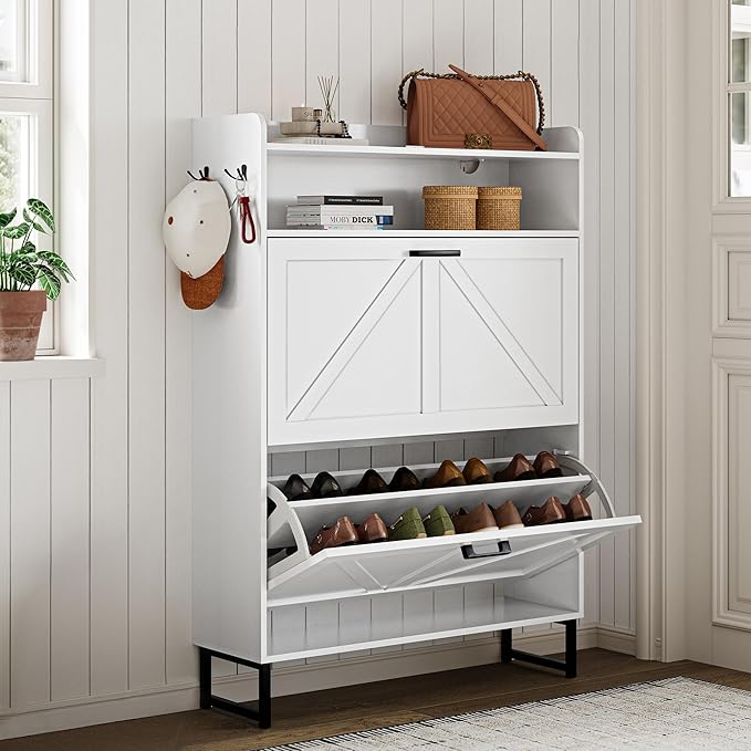 Shoe Cabinet with 2 Flip Drawers, 45" Freestanding Narrow Wood Shoe Storage Cabinet with Metal Legs and Hooks, Slim Shoe Rack Organizer for Entryway, Hallway, White