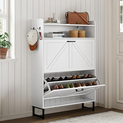 Shoe Cabinet with 2 Flip Drawers, 45" Freestanding Narrow Wood Shoe Storage Cabinet with Metal Legs and Hooks, Slim Shoe Rack Organizer for Entryway, Hallway, White