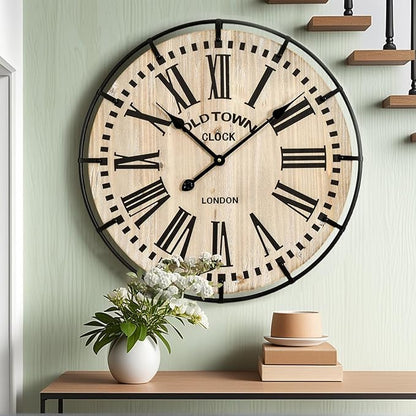 Rustic Farmhouse Wall Clock 24 Inch, Vintage Oldtown London Wooden Large Clock with Silent Tick, for Bedroom, Office, Kitchen, Indoor Home Decoration