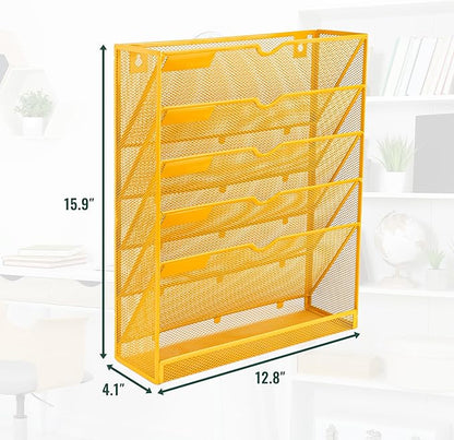 EASEPRES 6 Tier Mesh Hanging Wall File Organizer, Desk Vertical Mail Paper Document Folder Holder Rack with Bottom Tray and Nametag Label for Office Home School, Yellow