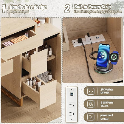 Vanity Desk, 41 Inch Makeup Vanity Table with Mirror Lights 10x Magnifying Mirror Charging Station Drawers Shelves Cabinet Adjustable 3 Color Brightness Dressing Table for Bedroom(Oak)