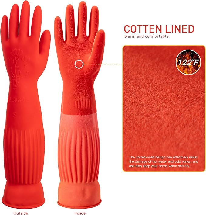 ThxToms Rubber Dishwashing Cleaning Gloves (2-Pair) - Fleece Lined, Reusable, Waterproof with Extra-Long Cuff & Anti-Slip Design for Household & Kitchen Use - Small