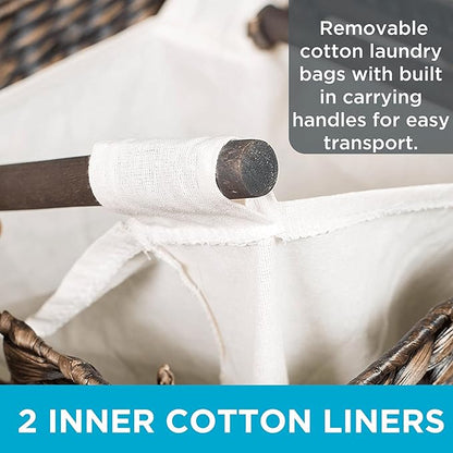 BirdRock Home Water Hyacinth Laundry Hamper Divided Interior (Espresso) | Eco-Friendly | Made of Hand Woven Hyacinth Fibers | Includes Two Removable Cotton Liners Bag | Wicker Laundry Basket with Lid