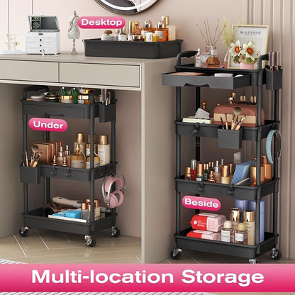 Goovilla Rolling Makeup Organizer Cart with Removable Drawer, 4 Tier Stable Black Floor Skincare Storage Cart for Vanity, Cosmetic Display, Nail Polish, Perfume, Hair Stuff, Beauty, Bathroom(Plastic)