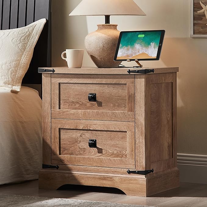 T4TREAM 24" Farmhouse Nightstand with Charging Station Set of 2, Large End Table with 2 Storage Drawers, Rustic Wood Sofa Bedside Table for Bedroom, Light Knotty Oak