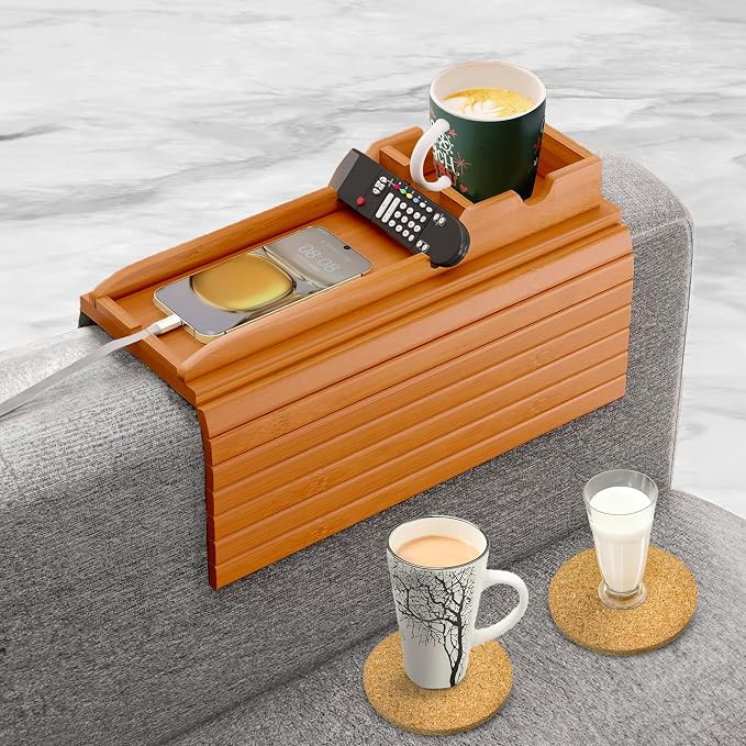 Couch Cup Holder Tray with 2 Cork Coasters, Couch Arm Tray, 2 in 1 Anti-Slip Foldable Sofa Arm Tray, Couch Armrest Table, Anti-Spill Couch Arm Table for Drinks TV Remote Cellphone Snacks (Mahogany)