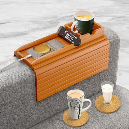 Couch Cup Holder Tray with 2 Cork Coasters, Couch Arm Tray, 2 in 1 Anti-Slip Foldable Sofa Arm Tray, Couch Armrest Table, Anti-Spill Couch Arm Table for Drinks TV Remote Cellphone Snacks (Mahogany)