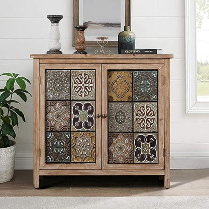 Sophia & William Accent Cabinet with 2 Doors, Distressed Storage Cabinet with Wood Frame and Checkered Patterns for Entryway Living Room