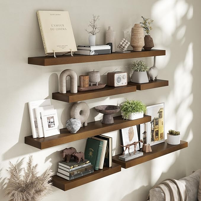 Marsmiles 24 Inch Wood Floating Shelves | Rustic Dark Wood Wall Shelves Set of 2 | 24" W x 7.7" D x 1.6" H Wooden Shelves for Bathroom Living Room Kitchen
