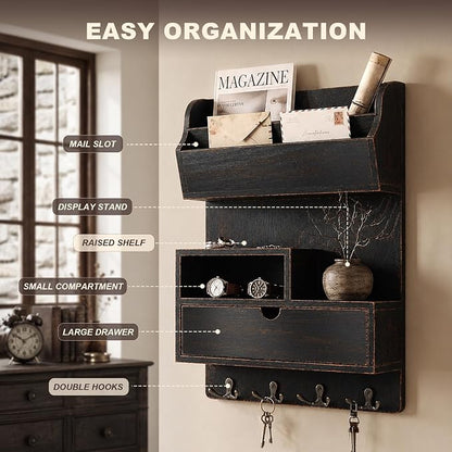 Rebee Vision Pine Wood Key Holder Wall Mount with Drawer Organizer - Farmhouse Key Holder for Wall with Mail Slot & 4 Hooks - Perfect Envelope Holder for Home Decor (Distressed Black)