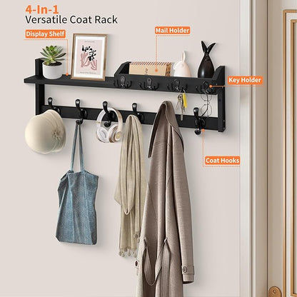 Coat Rack Wall Mount with Shelf, 27.5" Entryway Wall Hanging Shelf, Coat and Key Hanger with 10 Dual Hooks, Mail Organizer and Key Holder Hat Rack for Wall, Wood Coat Hooks with Storage