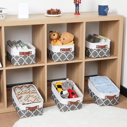 HNZIGE Small Baskets Fabric Storage Baskets(6 Pack) Storage Bins with Leather Handles Empty Gift Basket Decorative Storage Baskets for Shelves, Baby Clothes Toys(Pattern&White,11.8" x 7.8" x 5.1")