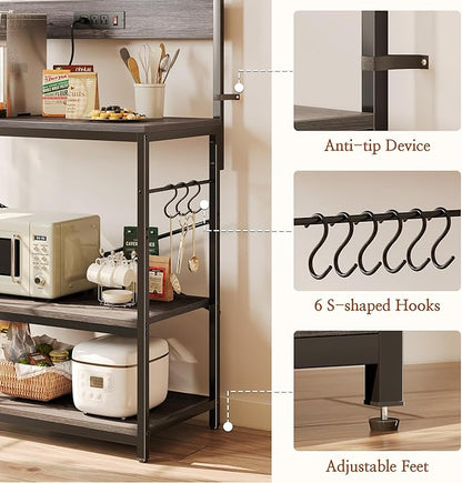 SUPERJARE Bakers Rack with Power Outlets, Microwave Stand, 31.5 X 16.5 Inch Larger Desktop, Kitchen Storage Rack with Adjustable Middle Shelf, 6 S-Shaped Hooks, Coffee Bar Stand, Grey