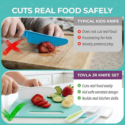 Tovla Jr Kids Safe Knife Set for Real Cooking | Complete Kids Cooking Set with Chopper, Peeler, Cutting Boards & Apron | Montessori Kitchen Tools | Ages 4 to 12