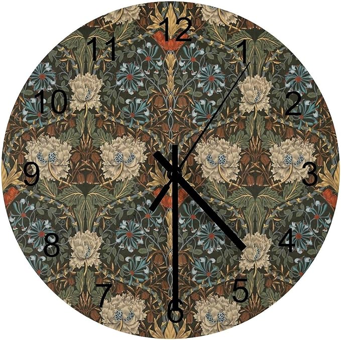 William Morris Wall Clock, Vintage Art Garden Plants Herbs Flower Wall Clocks Battery Operated Silent Non Ticking Round Wooden Clocks for Kitchen Bathroom Living Room 12 Inch
