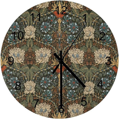 William Morris Wall Clock, Vintage Art Garden Plants Herbs Flower Wall Clocks Battery Operated Silent Non Ticking Round Wooden Clocks for Kitchen Bathroom Living Room 12 Inch