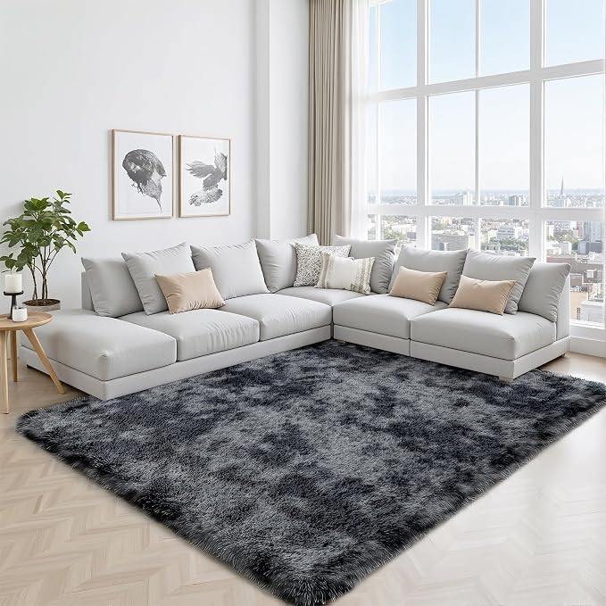 Area Rug for Living Room Bedroom: 5x7 Black Grey Soft Fluffy Shag Upgrade Non-Slip High Pile Carpet Large Fuzzy Plush Indoor Floor Decor Shaggy Rug for Kid Boys Girls Playroom Nursery Modern Home