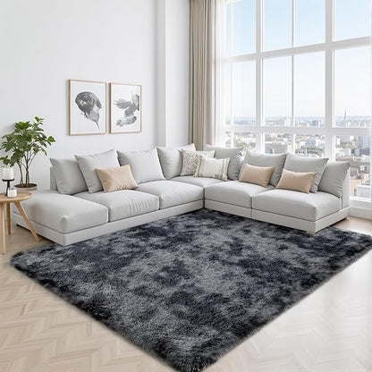 Area Rug for Living Room Bedroom: 5x7 Black Grey Soft Fluffy Shag Upgrade Non-Slip High Pile Carpet Large Fuzzy Plush Indoor Floor Decor Shaggy Rug for Kid Boys Girls Playroom Nursery Modern Home