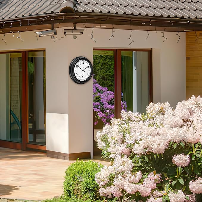 12 Inch Outdoor Clock with Thermometer - Waterproof Outdoor Clocks, Silent Non-Ticking Large Decorative Patio Clock for Garden, Porch, Pool, Backyard, Weather Resistant Wall Clocks(12inch Black)