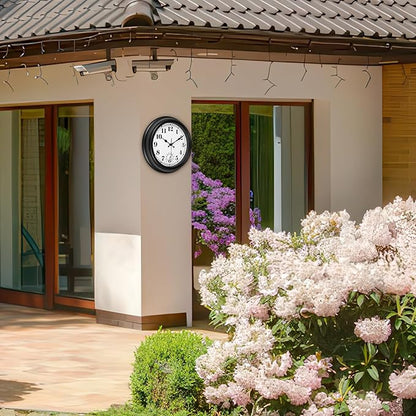 12 Inch Outdoor Clock with Thermometer - Waterproof Outdoor Clocks, Silent Non-Ticking Large Decorative Patio Clock for Garden, Porch, Pool, Backyard, Weather Resistant Wall Clocks(12inch Black)