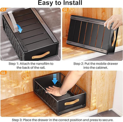 Pull out Cabinet Organizer,Heavy Duty Slide out Pantry Shelves Drawer Storage with Adhesive Nano Film,Sliding Mesh Cabinet Basket with Handle for Kitchen, Bathroom, Home, 9.8"W X 15.7"D X 6.2"H,Black