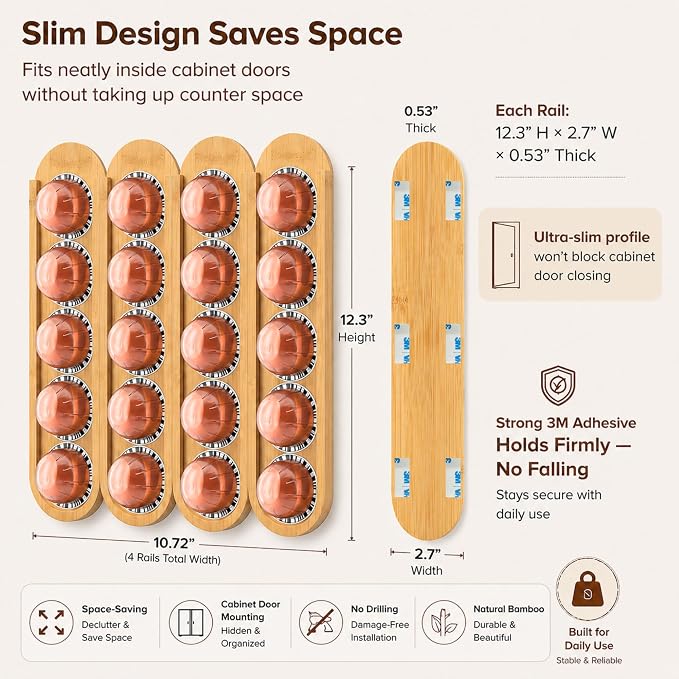 Bamboo Coffee Pod Holder, Adhesive Wall Mount (No Drilling) for Inside Cabinet Door, 20-Capsule Storage (Set of 4), Vertical & Horizontal, Compatible with Nespresso Vertuo Line-Bamboo Brown