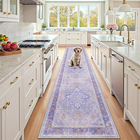 RELEANY Area Rugs Runner 2'x10' Washable Non-Slip, Floral Vintage Distress Medallion Carpet for Kitchen Hallway Bedroom Beside Laundry Room Bathroom, Light Purple Brown