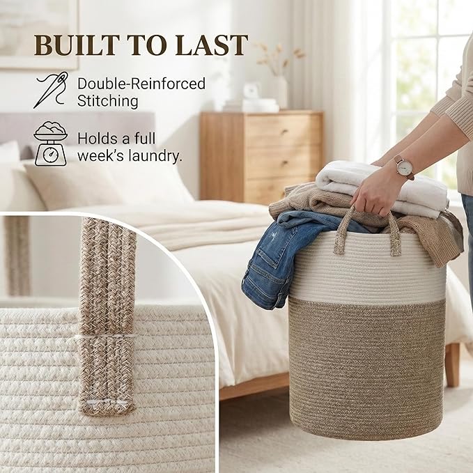 JMvicyroam Large Woven Laundry Basket Hamper,60L Cotton Rope Storage Bin for Blankets,Toys and Clothes,Decorative Tall Nursery Hamper for Living Room,Baby Nursery,Bathroom and Bedroom,Brown