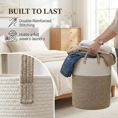 JMvicyroam Large Woven Laundry Basket Hamper,60L Cotton Rope Storage Bin for Blankets,Toys and Clothes,Decorative Tall Nursery Hamper for Living Room,Baby Nursery,Bathroom and Bedroom,Brown