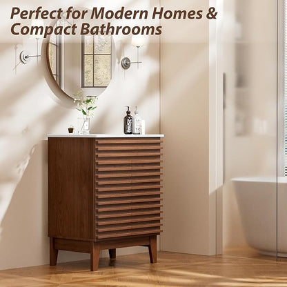 APRILSOUL 24" Bathroom Vanity with Ceramic Sink, Mid-Century Bathroom Vanity Cabinet with 2 Soft Closing Doors, Freestanding Bathroom Vanity, Particleboard Frame with Wood Grain Laminate, Walnut
