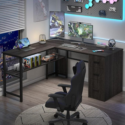 LVB L Shaped Desk, Wood Metal Computer Desk with Drawer, Industrial Corner Home Office Desk with Storage Cabinet for Bedroom, Dark Gray Oak, 59 Inch