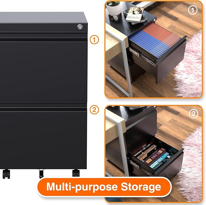 Aobabo 2 Drawer File Cabinet, Metal Filing Cabinet with Lock for Office Legal/Letter Size, Black, Fully Assembled Except Wheels