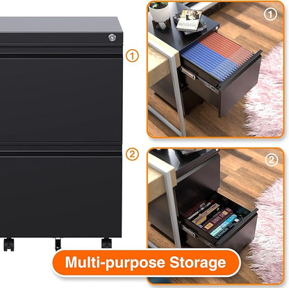 Aobabo 2 Drawer File Cabinet, Metal Filing Cabinet with Lock for Office Legal/Letter Size, Black, Fully Assembled Except Wheels