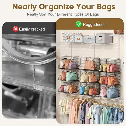 Sonyabecca Purse Organizer for Closet,2-Pack Adjustable&Stackable Purse Storage Organizer Dividers for Open Cabinets,Wire Storage Baskets for Purses/Handbags/Clutches-Black