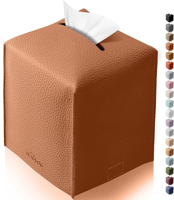 Tclouda Tissue Box Cover for PU Leather, Modern Simple Solid Color Holder Square Tissue Bag, Ideal for Bathrooms,Office,Car,Nightstand,Outdoor Tent,Dining Table,5"X5"X5", Single Camel